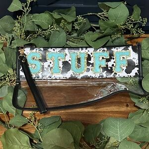 Clear Wristlet with Black Trim and 'STUFF' Print